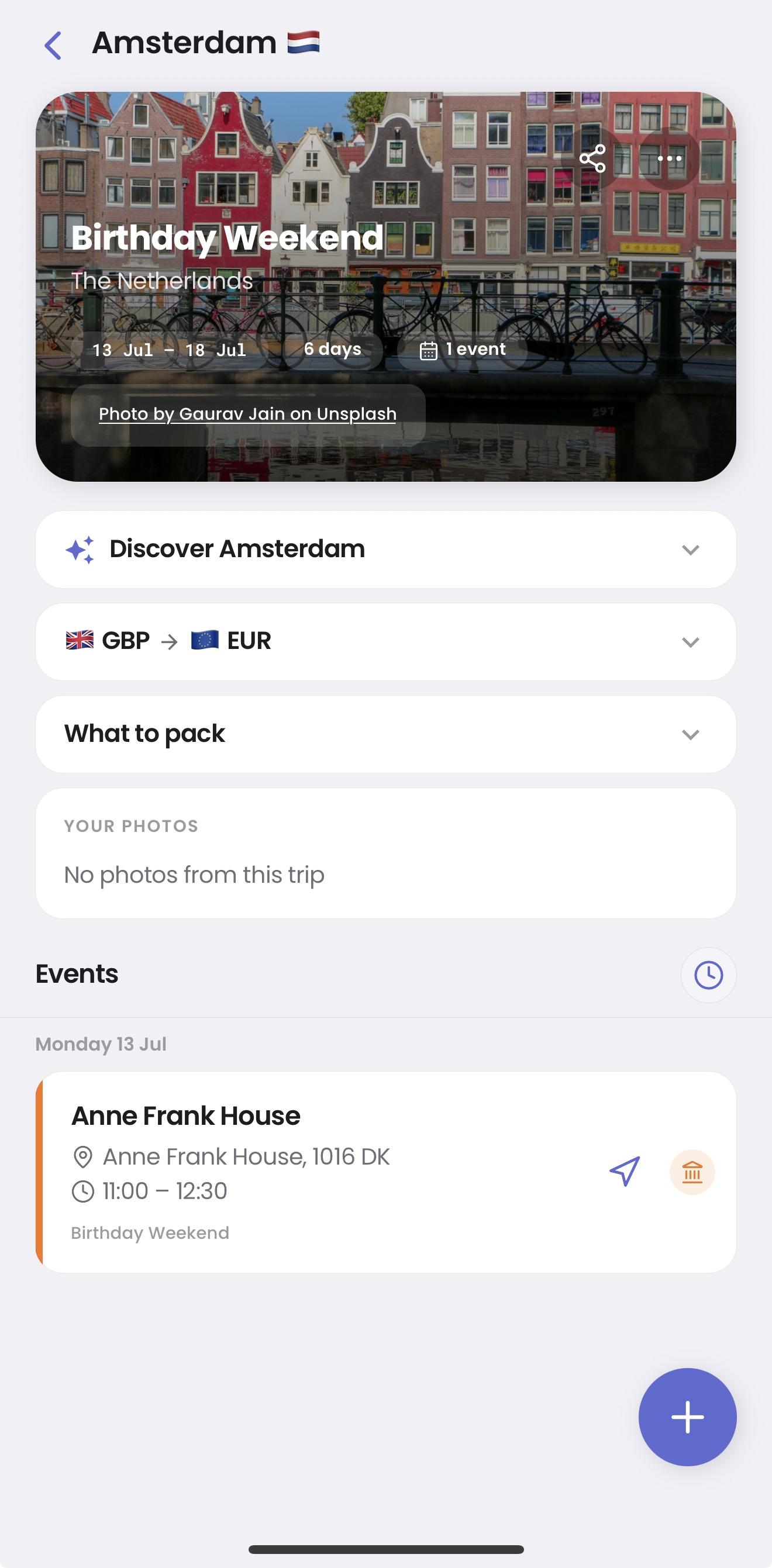 Planventure trip detail screen showing weather, events and more