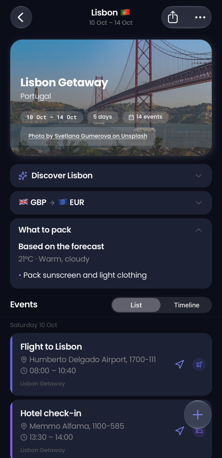 A Lisbon trip in Planventure: a photo of the 25 de Abril bridge, Discover Lisbon, pounds to euros, what to pack based on the forecast and the day's events