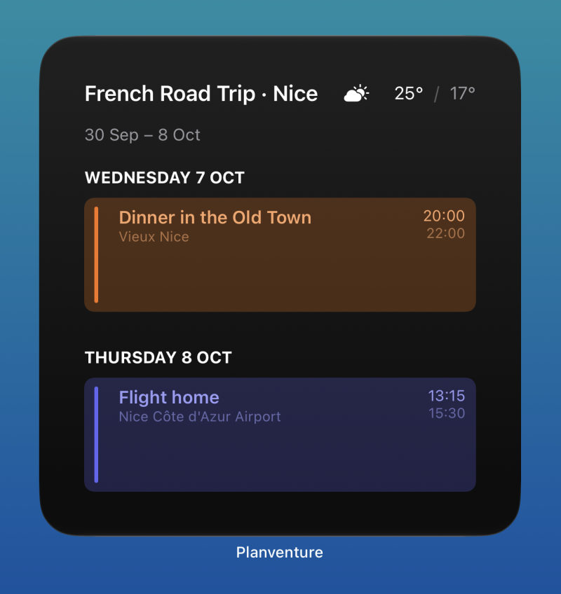 Planventure's large Home Screen widget showing the French Road Trip in Nice, the weather and the next events: dinner in the Old Town and the flight home